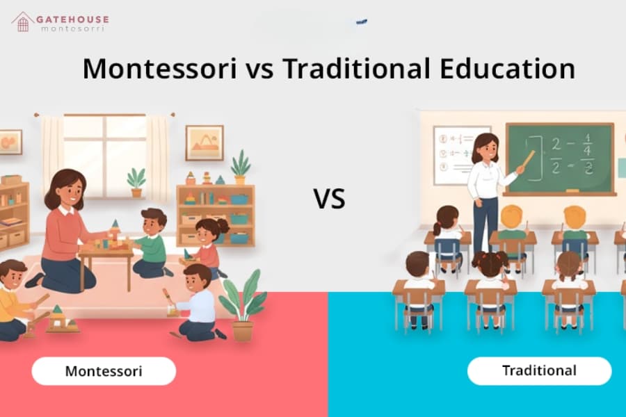 Montessori classroom with children working independently