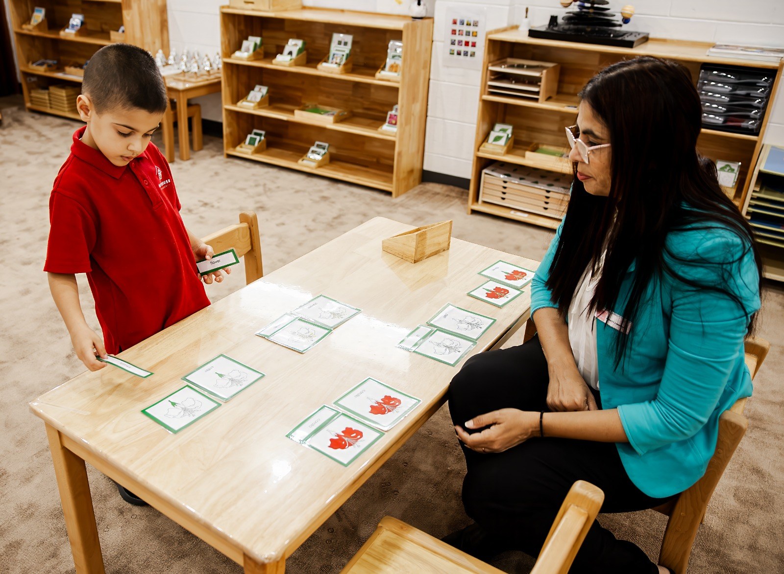 An educator and child seated together with learning cards